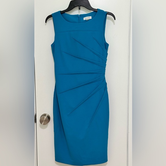 Calvin Klein Dresses & Skirts - Calvin Klein Teal Sheath Dress Size 4 – Sleeveless Pleated Front